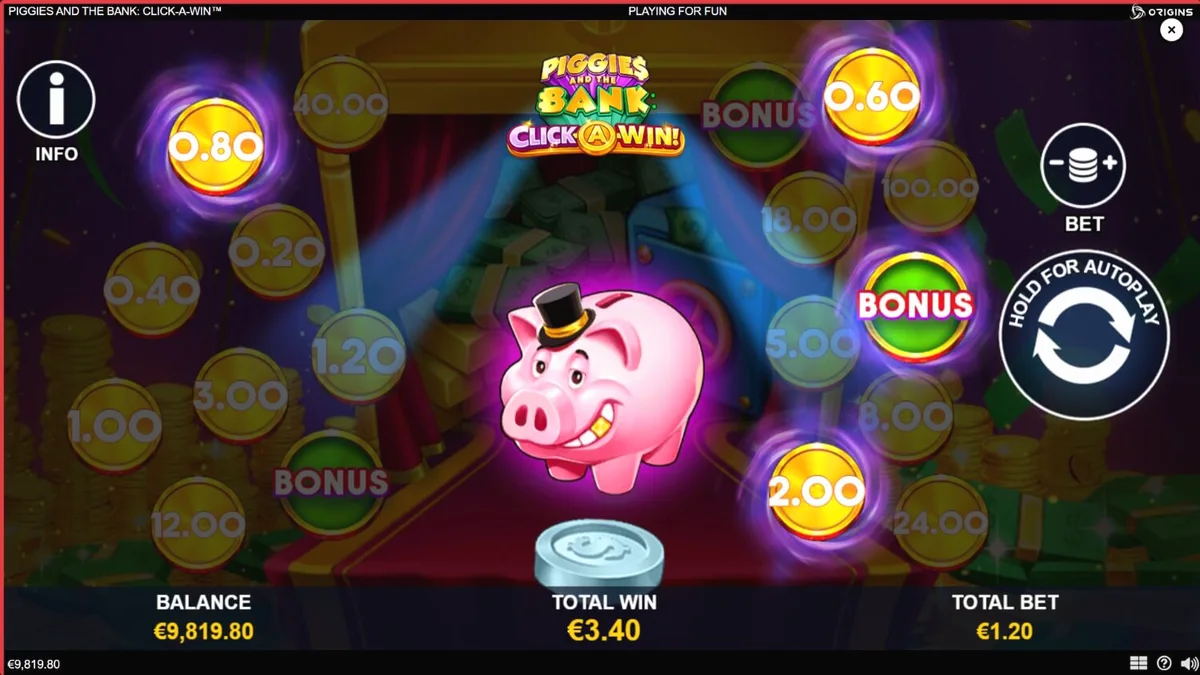 Tampilan antarmuka permainan slot Piggies and the Bank: Click-A-Win dengan tema babi mewah