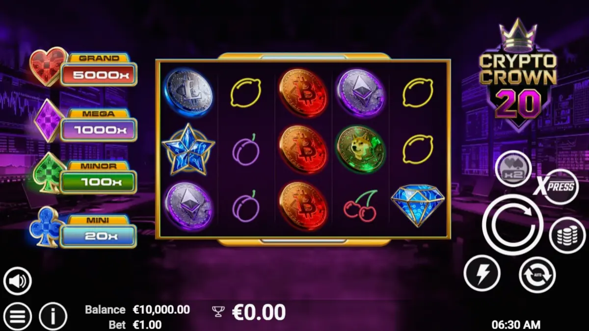 Tampilan layar permainan slot Crypto Crown 20 dengan simbol neon dan tema kripto.