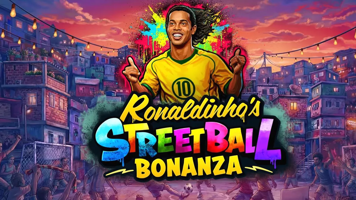 Ronaldinho’s Streetball Bonanza slot dengan latar belakang lapangan sepak bola jalanan Brasil